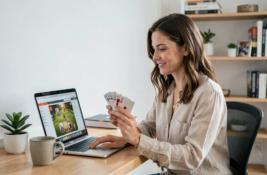 Femme jouant à la coinche en ligne gratuitement sur un ordinateur portable depuis son bureau à domicile