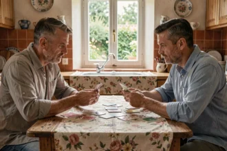 Deux hommes jouant à la coinche autour d'une table en bois dans une cuisine de campagne française