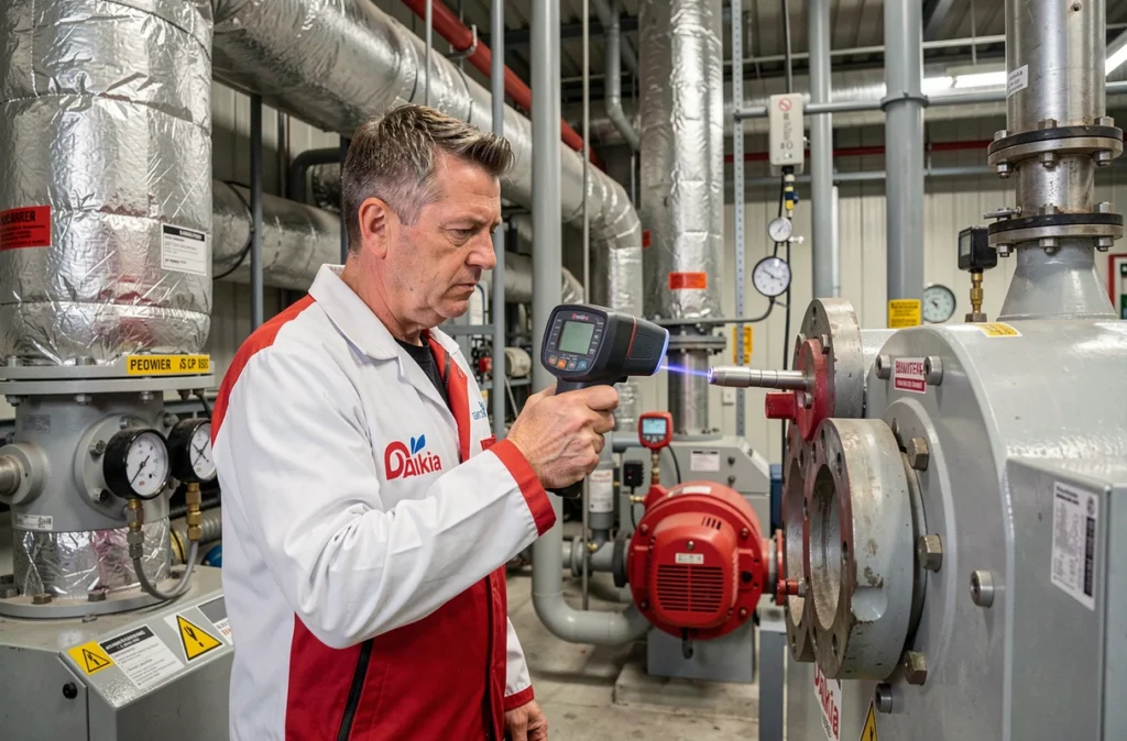 Technicien Dalkia inspectant un échangeur thermique dans une chaufferie urbaine de l'agglomération tourangelle