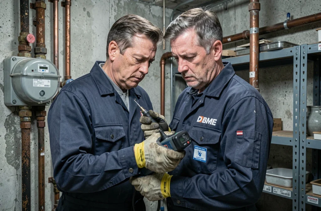 Technicien DBME inspectant une canalisation corrodée dans une chaufferie résidentielle