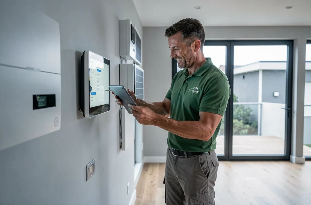 Électricien d'Elec Énergie Centre installant un système de gestion d'énergie dans une maison à haute performance énergétique