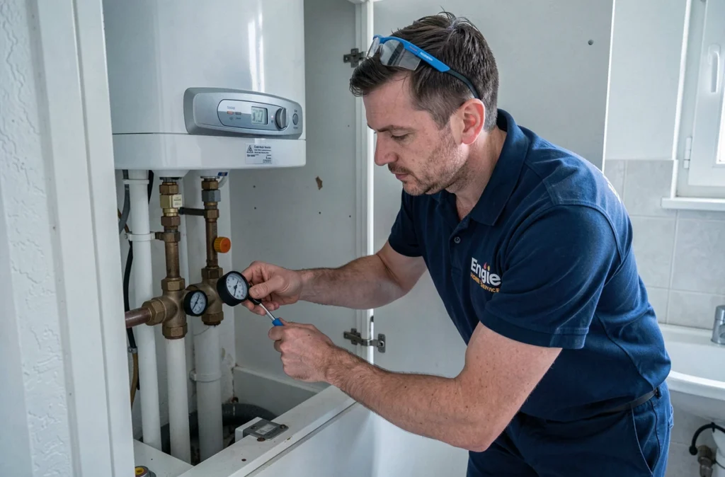 Technicien Engie Home Services testant le groupe de sécurité d'un chauffe-eau dans un appartement de Châteauroux en Indre
