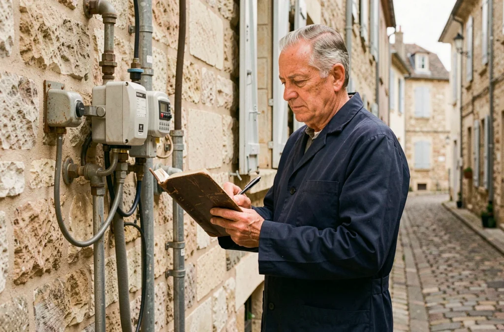 Électricien historique des Établissements JM Meunier inspectant une installation sur une façade en tuffeau tourangeau
