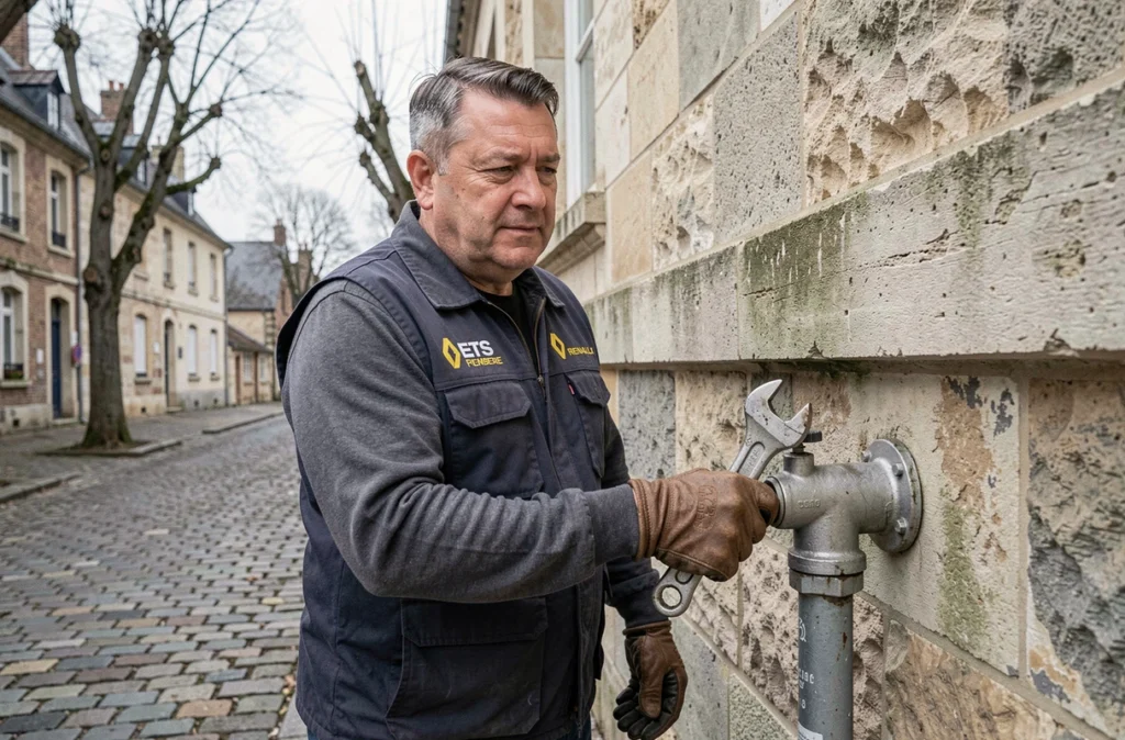 Technicien Ets Renault Plomberie fermant une vanne d'eau principale sur une maison de Blois en Loir-et-Cher