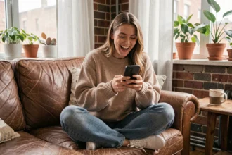 Jeune femme riant en lisant des informations insolites sur son smartphone dans un appartement cosy