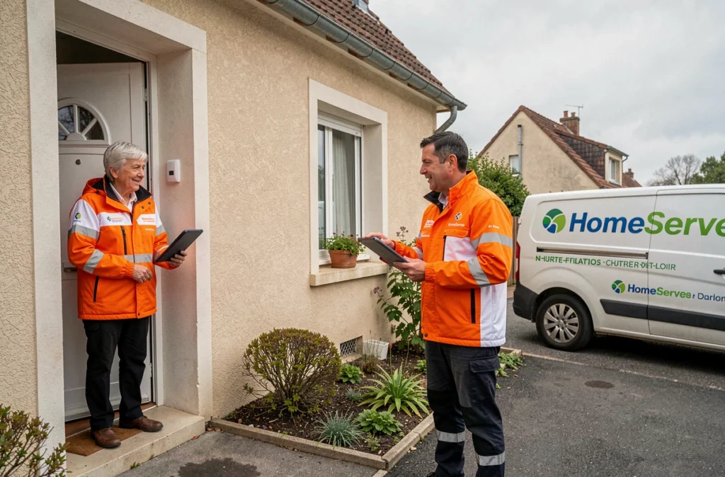 Technicien HomeServe accueilli par une propriétaire sur le pas de sa porte à Chartres en Eure-et-Loir