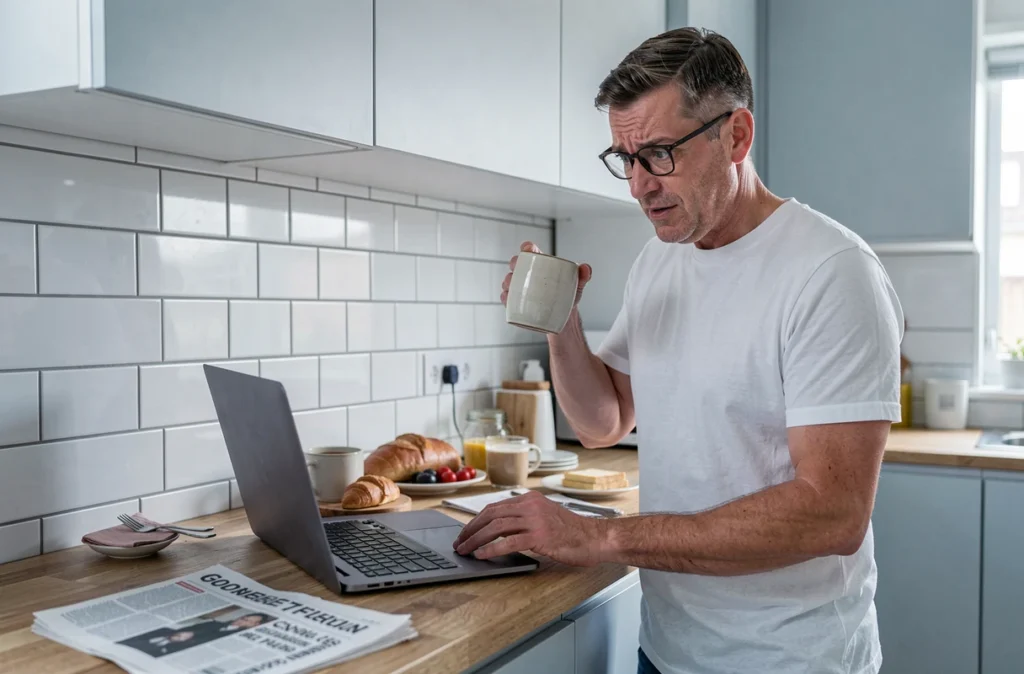 Homme stupéfait lisant une information insolite sur son ordinateur portable dans une cuisine moderne