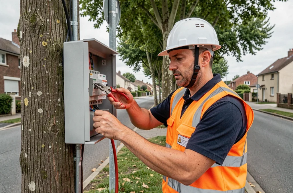 Électricien d'Inter Elec 37 intervenant sur un boîtier de distribution électrique dans une rue de la périphérie de Tours