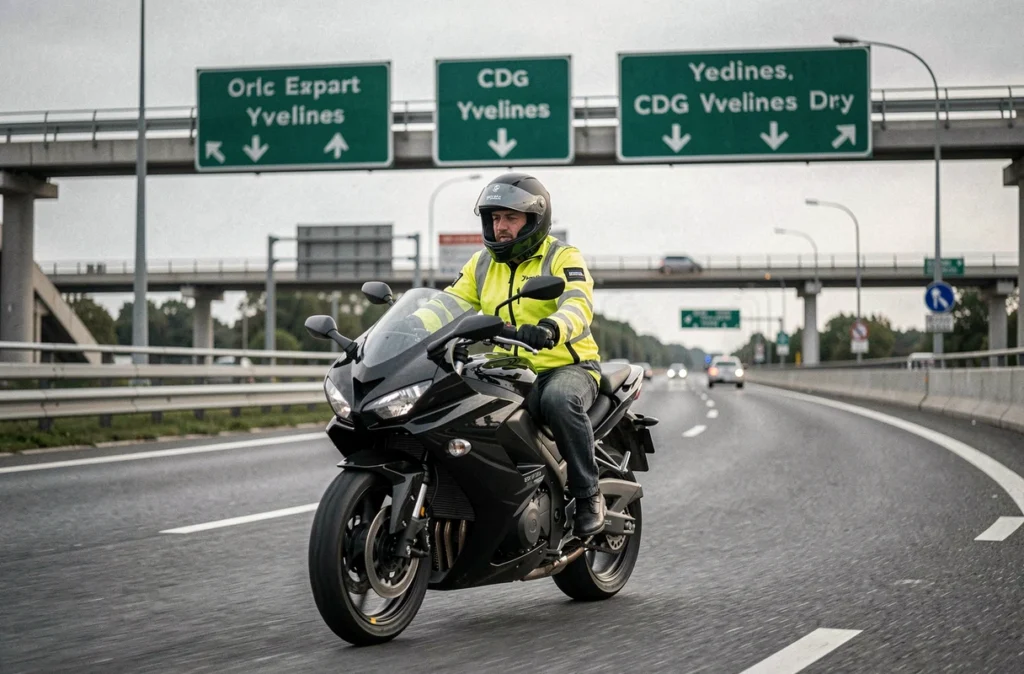 Coursier taxi moto en veste jaune fluo sur une moto noire près d'un échangeur autoroutier avec panneaux Orly et CDG pour Liberty Trans VTC