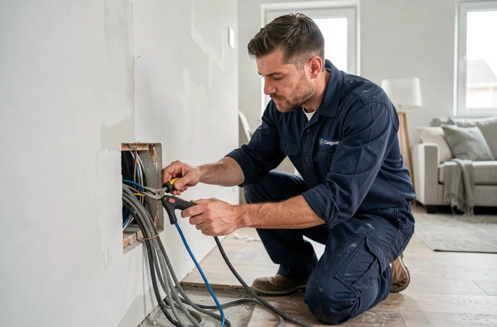 Électricien de Marzec Elec réalisant une installation électrique résidentielle dans une maison en rénovation