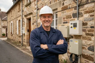 Électricien professionnel en Indre-et-Loire devant une maison en pierre typique de la région