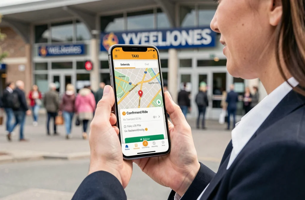 Femme d'affaires utilisant une application de réservation de taxi sur smartphone devant une gare des Yvelines pour Paris Taxi Booking