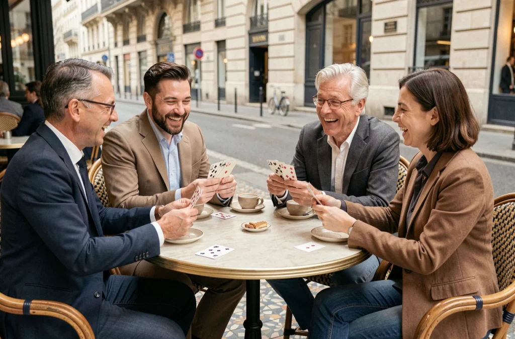 Groupe de quatre adultes jouant à la coinche en terrasse d'un café parisien