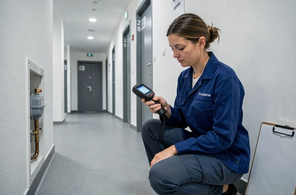 Technicienne Proxiserve lisant un compteur d'eau dans un couloir d'appartement moderne à Orléans dans le Loiret
