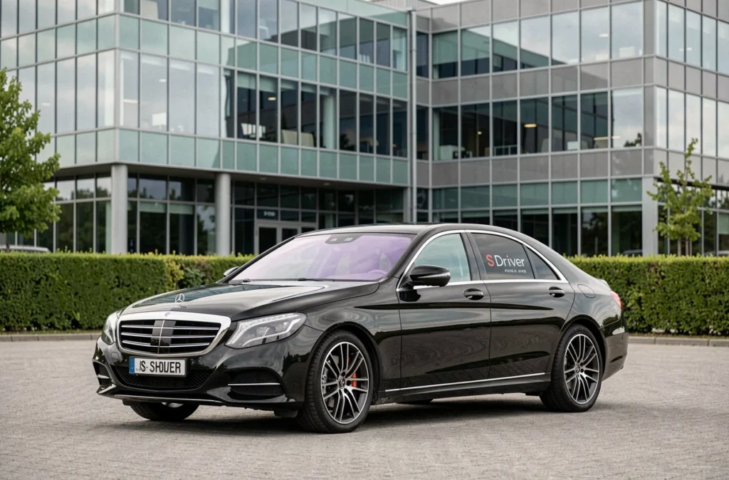 Berline noire premium avec logo S.Driver garée devant un complexe de bureaux moderne dans les Yvelines