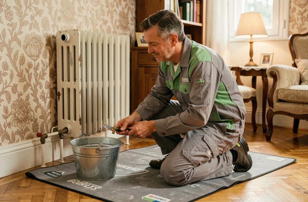 Technicien Savelys purgeant un radiateur dans un salon d'une maison de Bourges dans le Cher