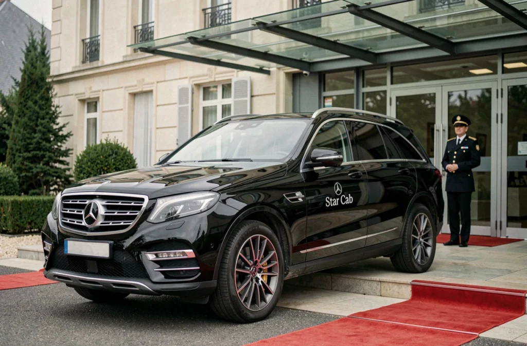 SUV noir premium Star Cab garé sous le porche d'un hôtel de luxe dans les Yvelines pour Star Cab