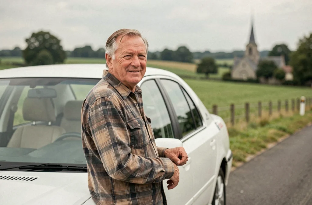 Chauffeur de taxi souriant appuyé contre son break blanc sur une route de campagne près de Nezel dans les Yvelines pour Taxi De Nezel