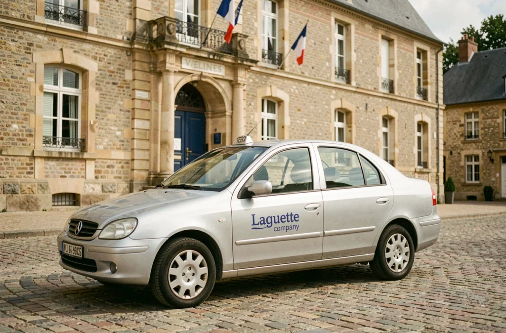 Taxi de la société Laguette garé devant une mairie en pierre d'un village des Yvelines pour Taxis Laguette