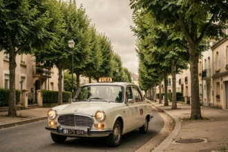 Un taxi classique stationné dans une rue typique des Yvelines, avec des platanes et des bâtiments en arrière-plan