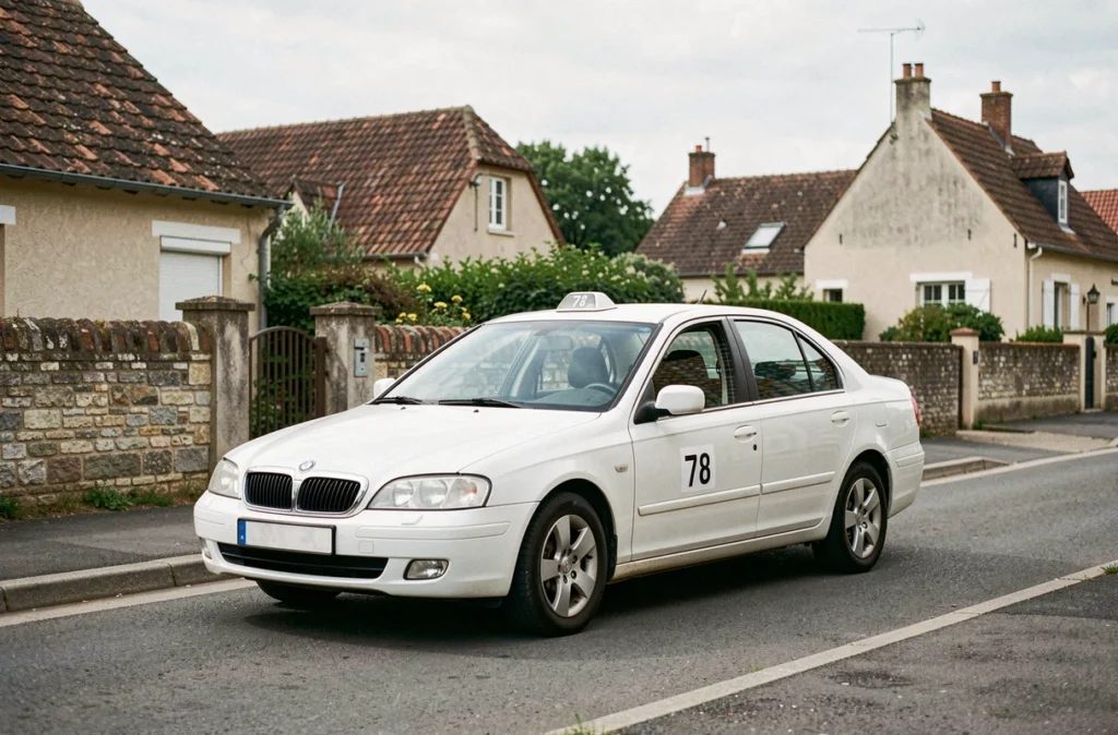 Taxi blanc avec le numéro 78 garé dans une rue résidentielle typique des Yvelines pour Transport 78 Taxi