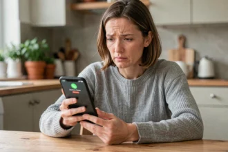 Femme tenant un smartphone affichant un numéro de téléphone inconnu, cherchant à identifier l'appelant