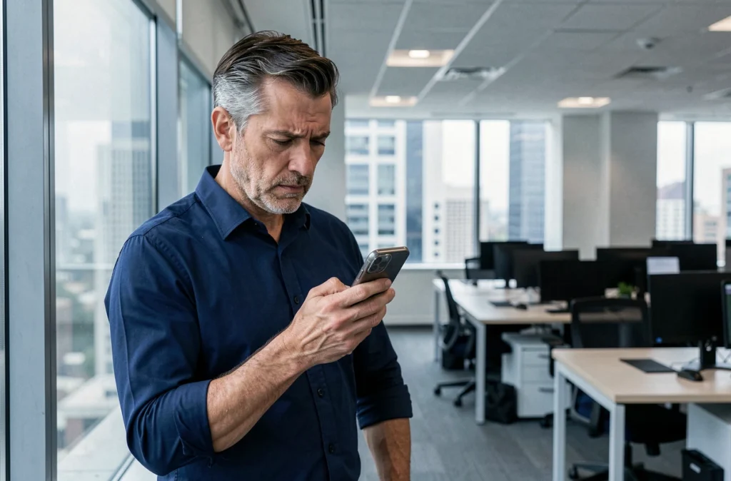 Homme au bureau consultant son smartphone pour identifier un numéro de téléphone portable inconnu